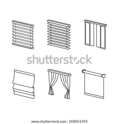 Curtain types - roll, blind, louvers, jalousie. Clear Outline Icons Set.