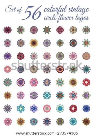 Set of 56 vintage ornamental circular logos. Colorful flower sunflower dandelion mandalas. Business style.