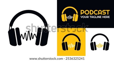 Podcast radio icon set . Podcast channel or radio logo design using headphones. Voice vector icon, record. On the air symbol concept. Black, yellow and white vector illustration.