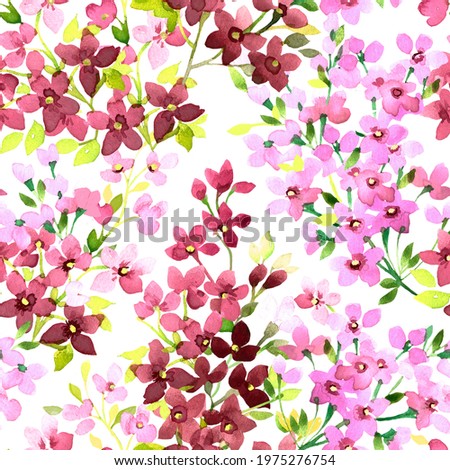 Beautiful hand drawn seamless repeated pattern with summer bouquets of small pink and burgundy flowers and twigs on a white background Stockfoto © 