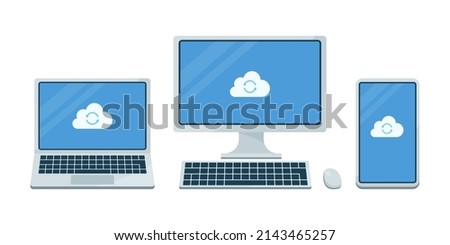 Various devices using cloud storage . Laptop, desktop monitor, smartphone.