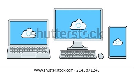 Various devices using cloud storage . Laptop, desktop monitor, smartphone. Line art.
