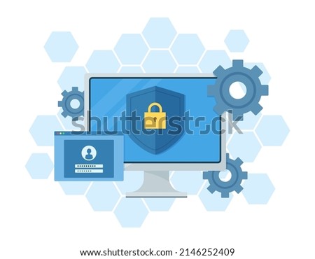 Illustration for setting up computer security. Vector illustration of managing computer privacy. 