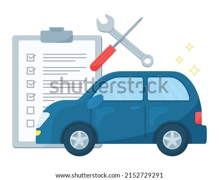 Illustration of inspecting an automobile. Repair and maintenance at a mechanic's shop. Car, tools and checklist.