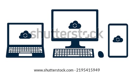Various devices using cloud storage . Laptop, desktop monitor, smartphone. Icons design.