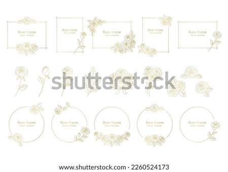 Rose flower decorative frame, illustration as design element, rose flower illustration, golden line drawing on white background.