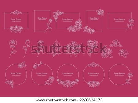 Rose flower decorative frame, illustration as design element, rose flower illustration, white line drawing on red background.