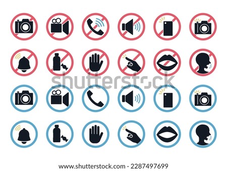 Prohibition mark icon set. Pictograms of manners and rules. Cameras, cell phones, etc. 