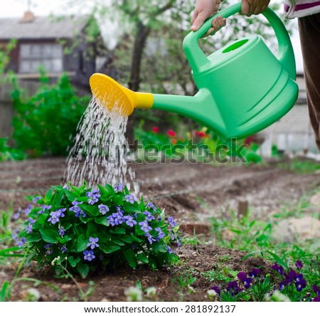 The girl of nine years in a warm pullover and brown jeans waters color in a garden from a green watering can
