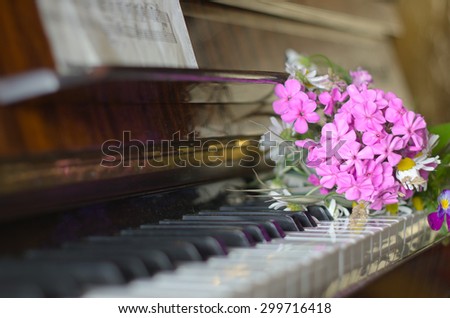 bouquet of summer flowers: the garden and field lies on a piano.