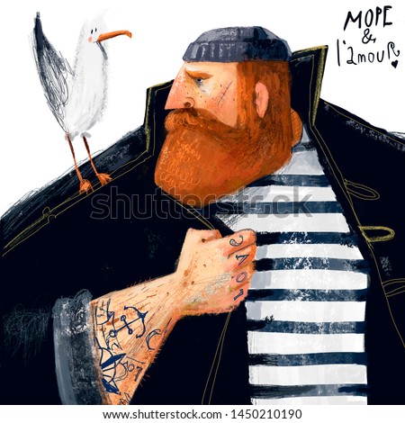 portrait of cartoon sailor with seagull and tattoo