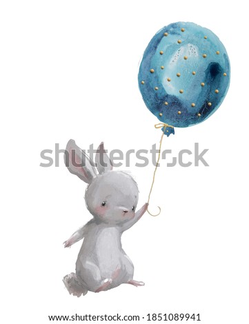 cute cartoon watercolor hare fly with balloon
