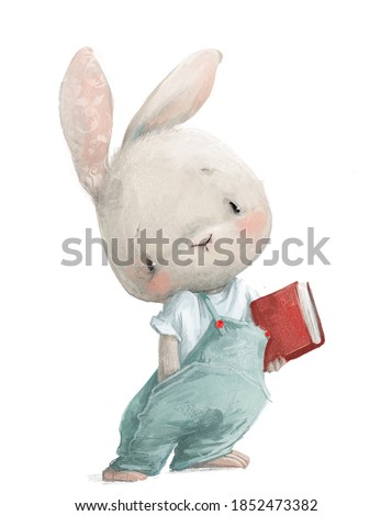 cute little white cartoon hare with red book