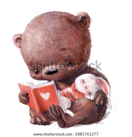 cute bear with sleepinh white hare and book