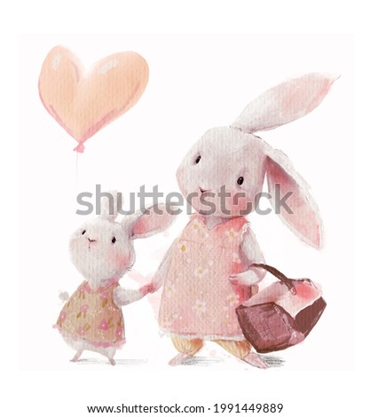 cute watercolor hares - mom and daughter with balloon