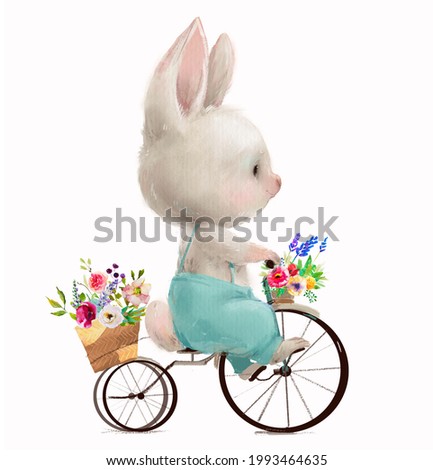 cute white hare with flowers is riding