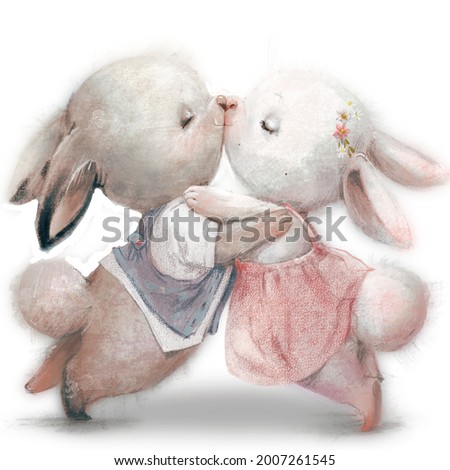 cute cartoon hares couple in wedding costumes