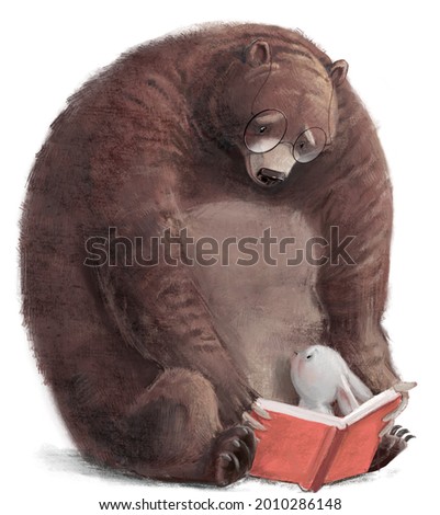 big brown bear with little hare and book