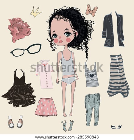 Cute dress up girl paper doll, ready for cut out and play. vector illustration.