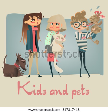 set with young cartoon people with pets