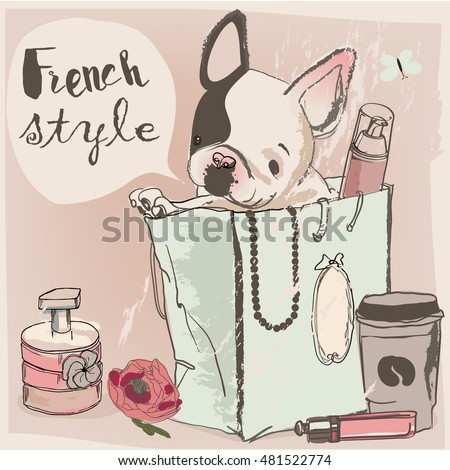 little cute glamour bulldog on the shopping bag