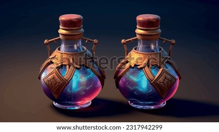 Two small vials of magic potion.
Magic elixir. Magic small two vintage bottles. A stylized image of a mystical ancient flask with a magic potion of health regeneration. Antique perfume bottle.