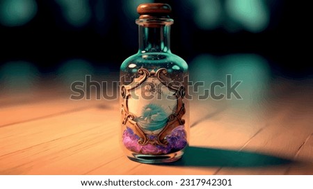 Antique bottle of perfume. Magic potion. Magic elixir. Small vintage bottle. High-quality stylized image of a mystical antique flask with a magical health regeneration potion.