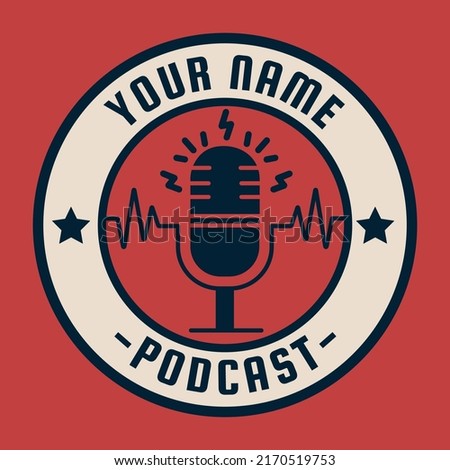 Podcast radio logo illustration. Studio table microphone with broadcast text on air. Webcast audio record concept logo.