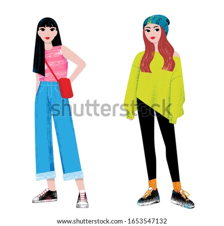 MicroMediaBox Free Stock Creative Item - Two beautiful teenage fashion  girls wearing different modern casual outfits, colorful vector illustration  with grainy texture