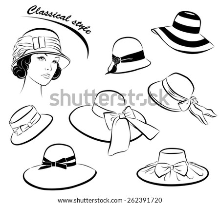 Vintage Fashion Girl In Hat And Collection Of Isolated Hats In Black ...