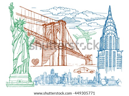 New York sketch vector set. The statue of Liberty, city skyline, skyscrapers, sky, clouds, Chrysler Building, Brooklyn bridge,  yellow tax. 