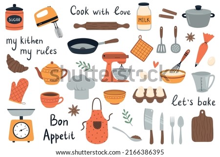 A big set of elements for cooking. Hand-drawn kitchen tools. Cute vector illustration