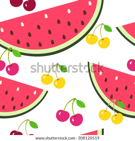 Cherry and water melon pattern.  Fruit seamless pattern. Food fruit background. Summer texture