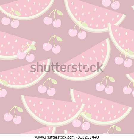 Cherry and water melon pattern. Fruit seamless pattern. Food fruit background