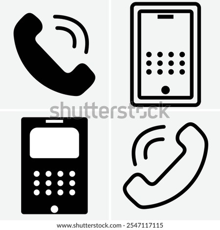 Black white phone icon set, Telephone call sign, Contact us, Vector illustration