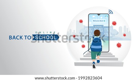 Back to online school concept. A boy student goes to school through the stairs leading to the school gate via his cellphone as the entrance to virtual learning during the pandemic season.
