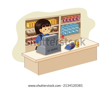 Vector illustration with woman cashier in supermarket, Cash register, Cashier, Supermarket store assistant, Retail service, Supermarket.