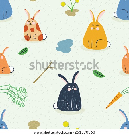Repeat pattern of orange, black and blue rabbits featuring carrots, mud, water, sticks and dandelions.
