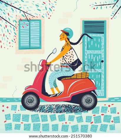 Young woman with black hair with a blue helmet riding a red scooter through a cobbled Mediterranean street