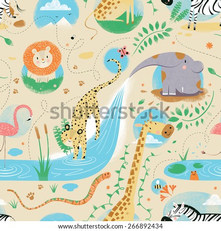 repeat pattern of African animals, including lion, zebra, giraffe, flamingo, elephant, leopard
