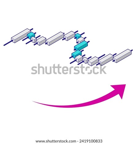 Isometric illustration of a three-dimensional ascending chart. Infographic material for investment and forex. Simple illustration with main lines. Top view method, facing right.