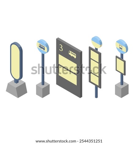 A set of signs for various bus stops. Illustrations of bus stops from traditional to large bus terminals. Isometric icons for websites and infographics.