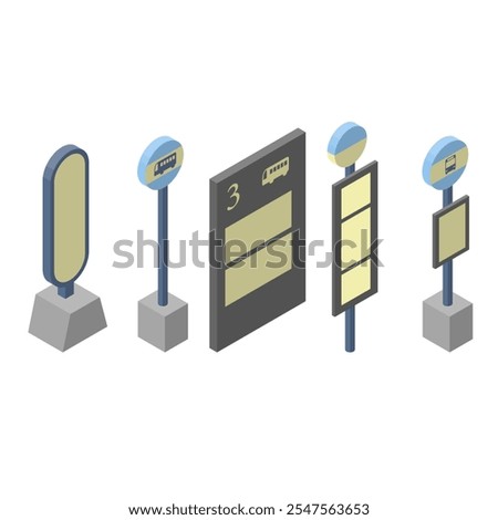 Set of signs for various bus stops. Iconic isometric material, right side method, no main line.