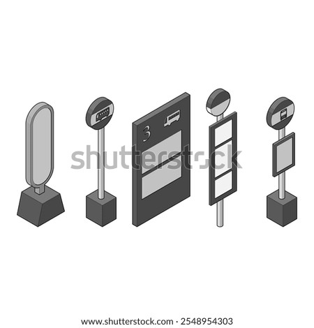 Set of signs for bus stops. Monochrome, with main lines, isometric, right-view. Icon, infographic material.