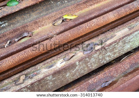 Rusty metal roof with falling leaves on it