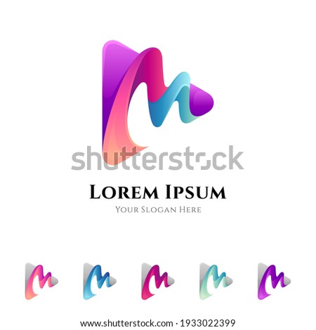 Letter M media play logo concept with multiple gradient color