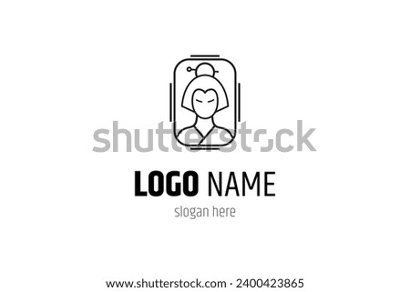 Japanese woman in kimono dress line art logo design in square shape