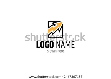 arrow logo with lightning combination in a box frame with flat design