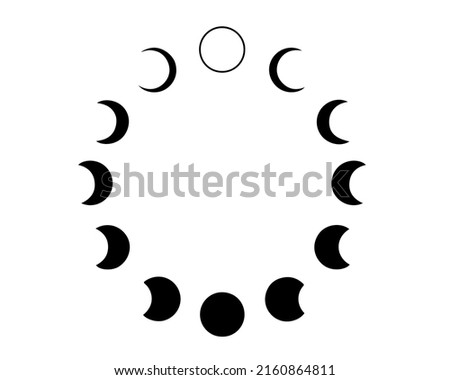 Moon phases cycle - full, crescent, quarter, waning, waxing and new Moon. Round lunar print composition for poster isolated on white background. 