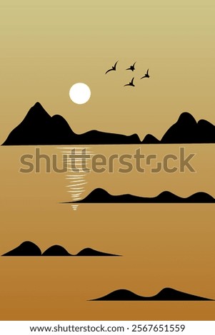 Beautiful nature landscape design concept of moonrise, river, mountains and birds - vector illustration